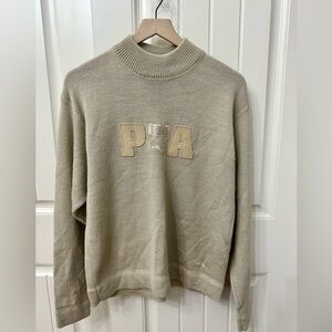 PUMA Vintage Tan Mock neck Sweater Wool Blend Embroidered Tone on Tone sz Med